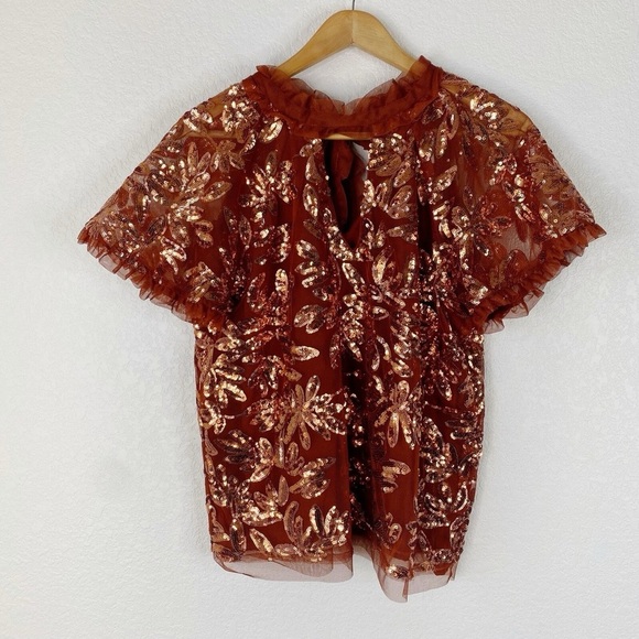 Anthropologie Copper Sequin Embroidered Blouse, Tie Back, Size S - Picture 10 of 10